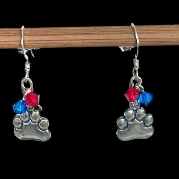 KU Just Cute Dangle Silver Paws Earrings With Red/blue accent crystals. - Picture 2 of 10